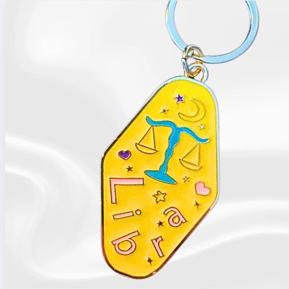 Libra Zodiac Keychain | Yellow Enamel Astrology Key Ring with Scales & Hearts - Picture 1 of 5